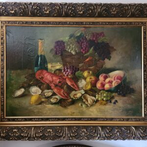 Alte XXL Ölgemalde,Öl auf Leinwand, signiert,Massiv Rahm,gerahmt,Stilleben,Essen